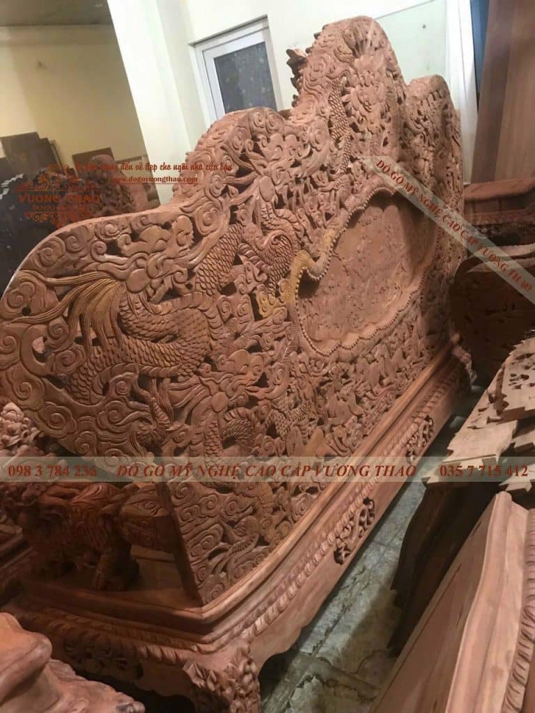 Bộ Ghế Rồng Bát Mã gỗ hương đá mặt sau ghế dài