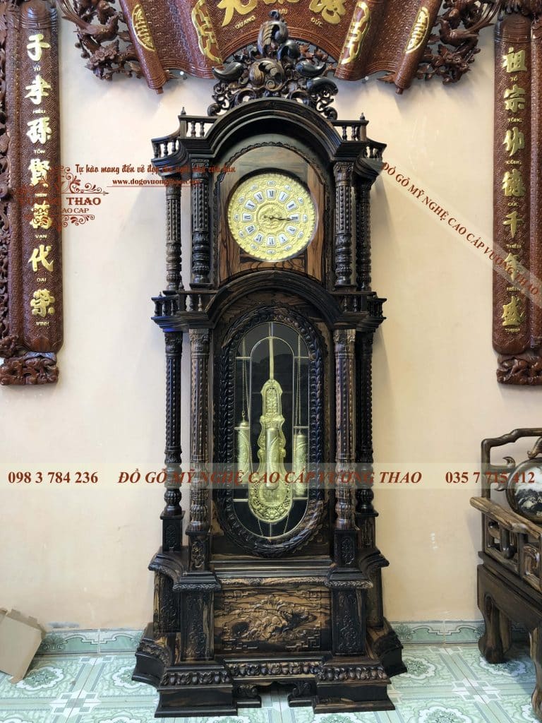 Đồng hồ cây tháp Gỗ Mun hàng đại 2m7 mầu đồng Sáng