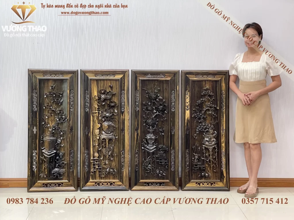 tranh tứ bình gỗ mun hoa (2021)
