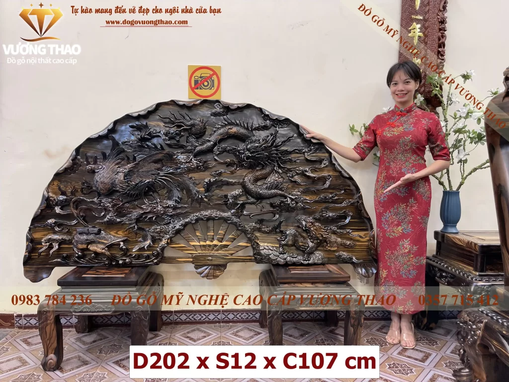 Tranh quạt Tứ Linh gỗ Mun hoa treo tường (872)