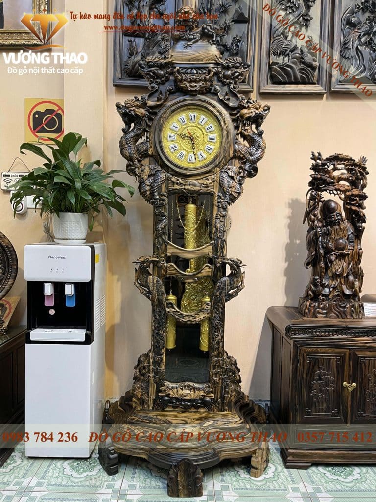 Đồng hồ cây Tứ Linh gỗ mun hoa 2m2 mẫu A