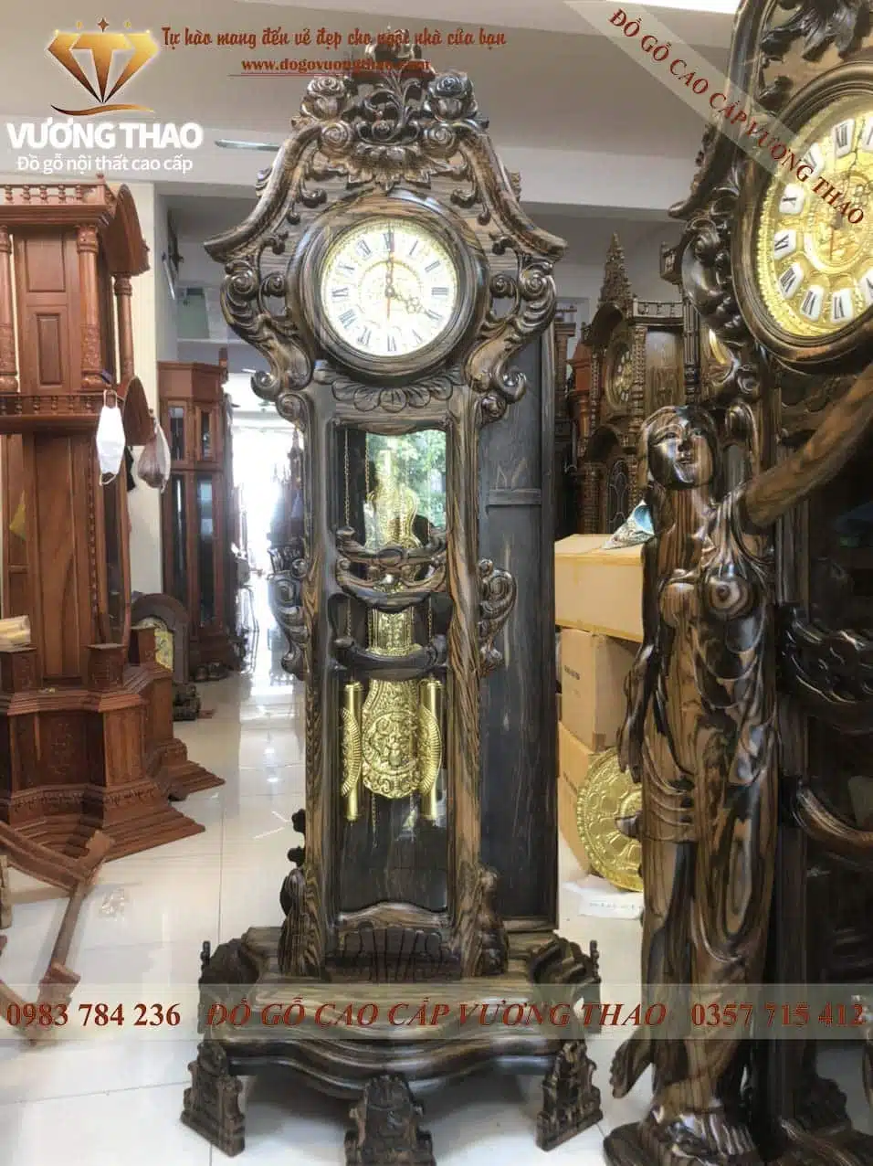 Đồng hồ cây hoa hồng gỗ mun hoa 1m8