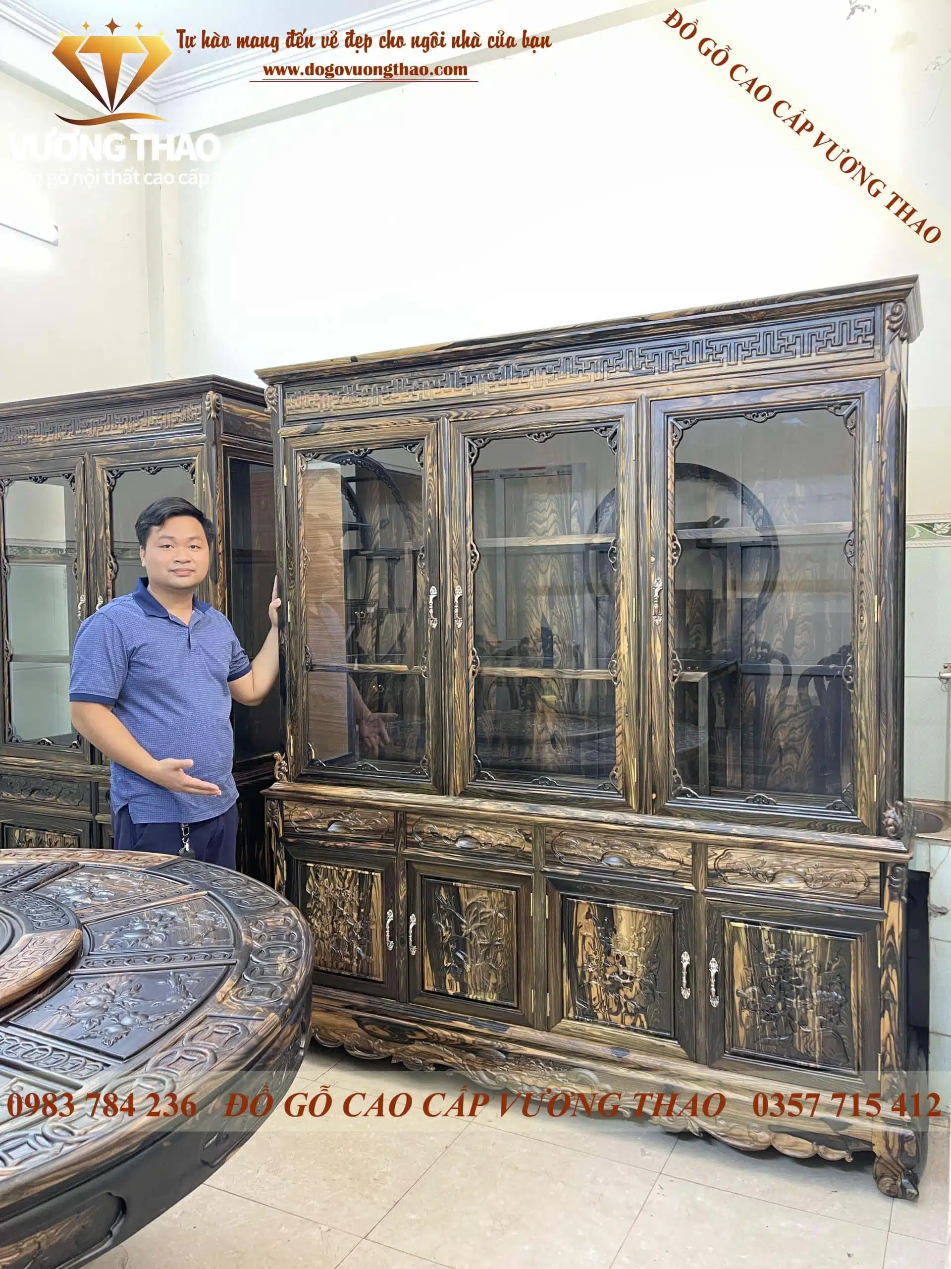 Tủ Rượu cánh phẳng 1m8 đục Tứ Quý gỗ Mun hoa mẫu tủ rượu gỗ đẹp