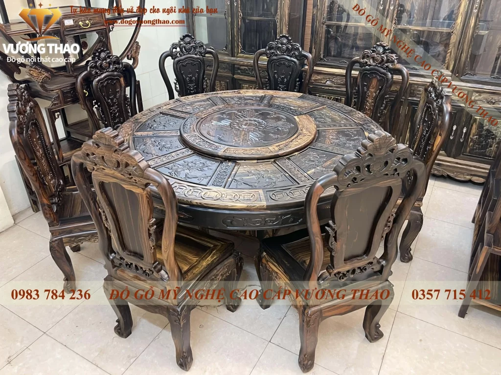 Bàn ăn xoay tròn gỗ Mun hoa (986)