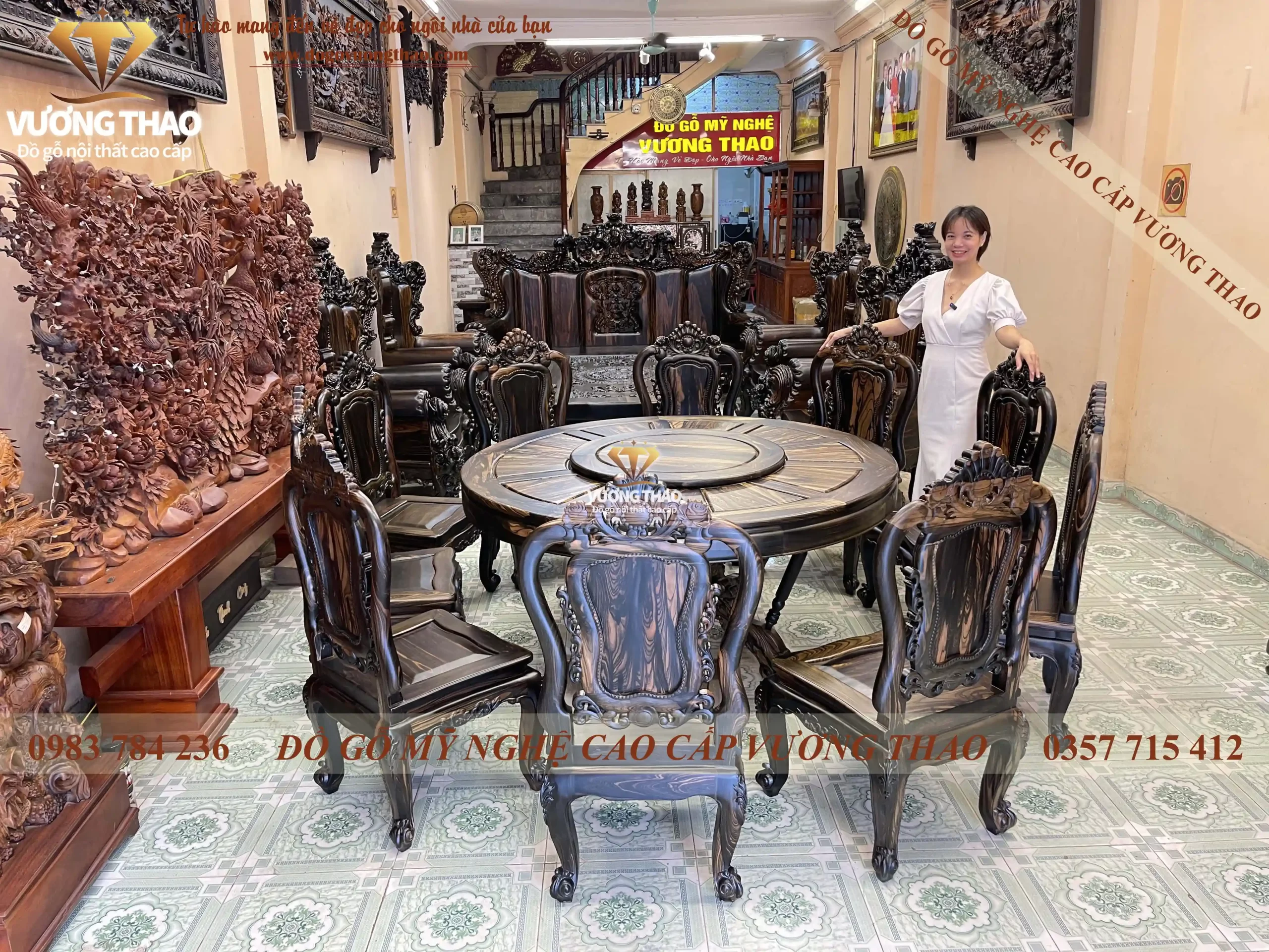 bàn ăn tròn xoay gỗ mun hoa (1555)