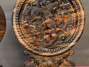 đĩa tứ linh gỗ mun (618)