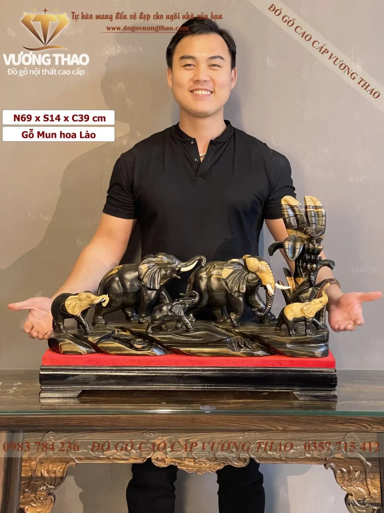 tượng gia đình voi gỗ mun hoa (1746)