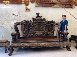 bàn ghế nghê 3 đầu gỗ mun hoa (205)