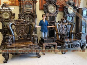 bàn ghế nghê 3 đầu gỗ mun hoa (206)