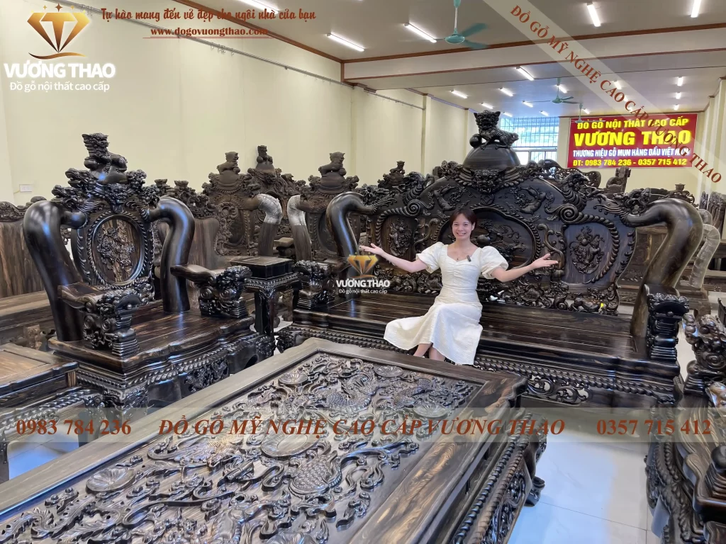 bộ bàn ghế nghê 5 đầu gỗ mun hoa (1199)