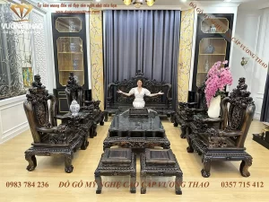 Bàn giao bộ bàn ghế Nghê 12 gỗ Mun hoa về Hà Nam (2132)